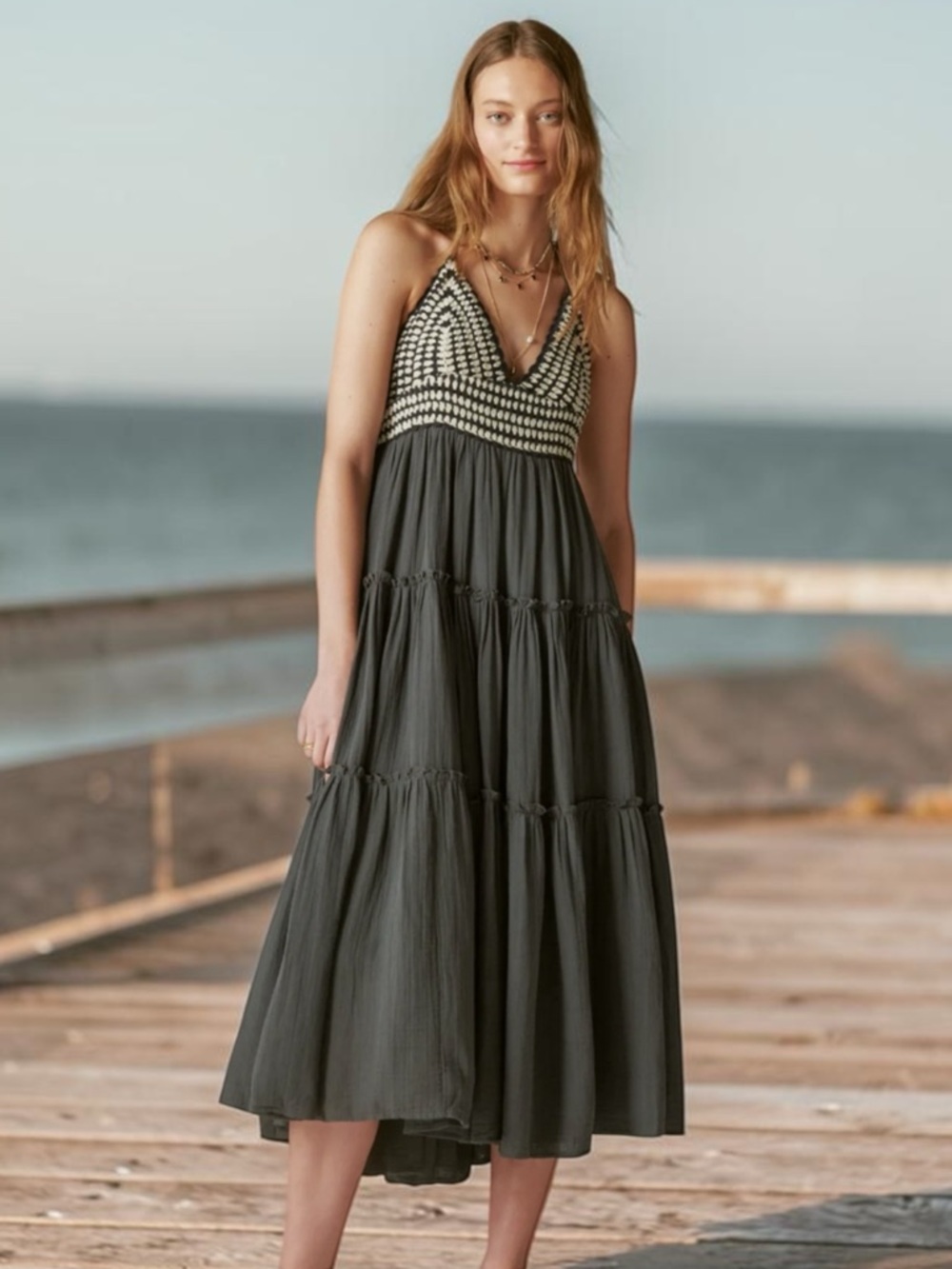 Lucky Brand Crochet Trim Maxi Dress Washed Black Size XL